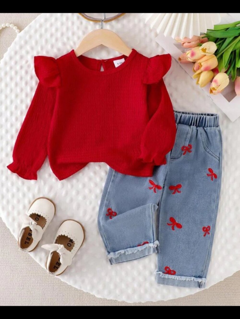 New 2pcs Baby Girl Casual Solid Color Ruffle Trim Long Sleeve Top Sz 9-12 mo